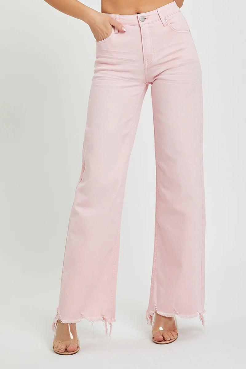 Pink Denim Jeans High Rise Wide Leg