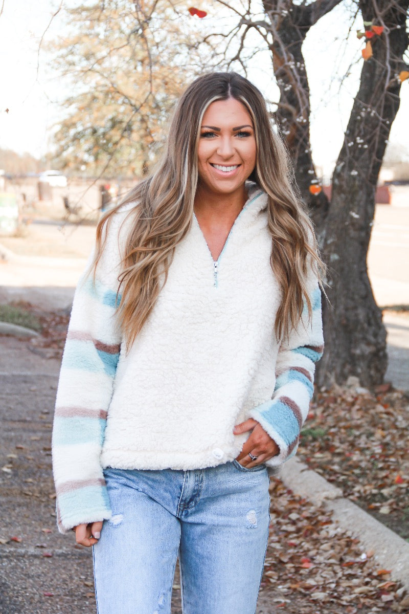 Fuzzy Plaid Sleeve Pullover