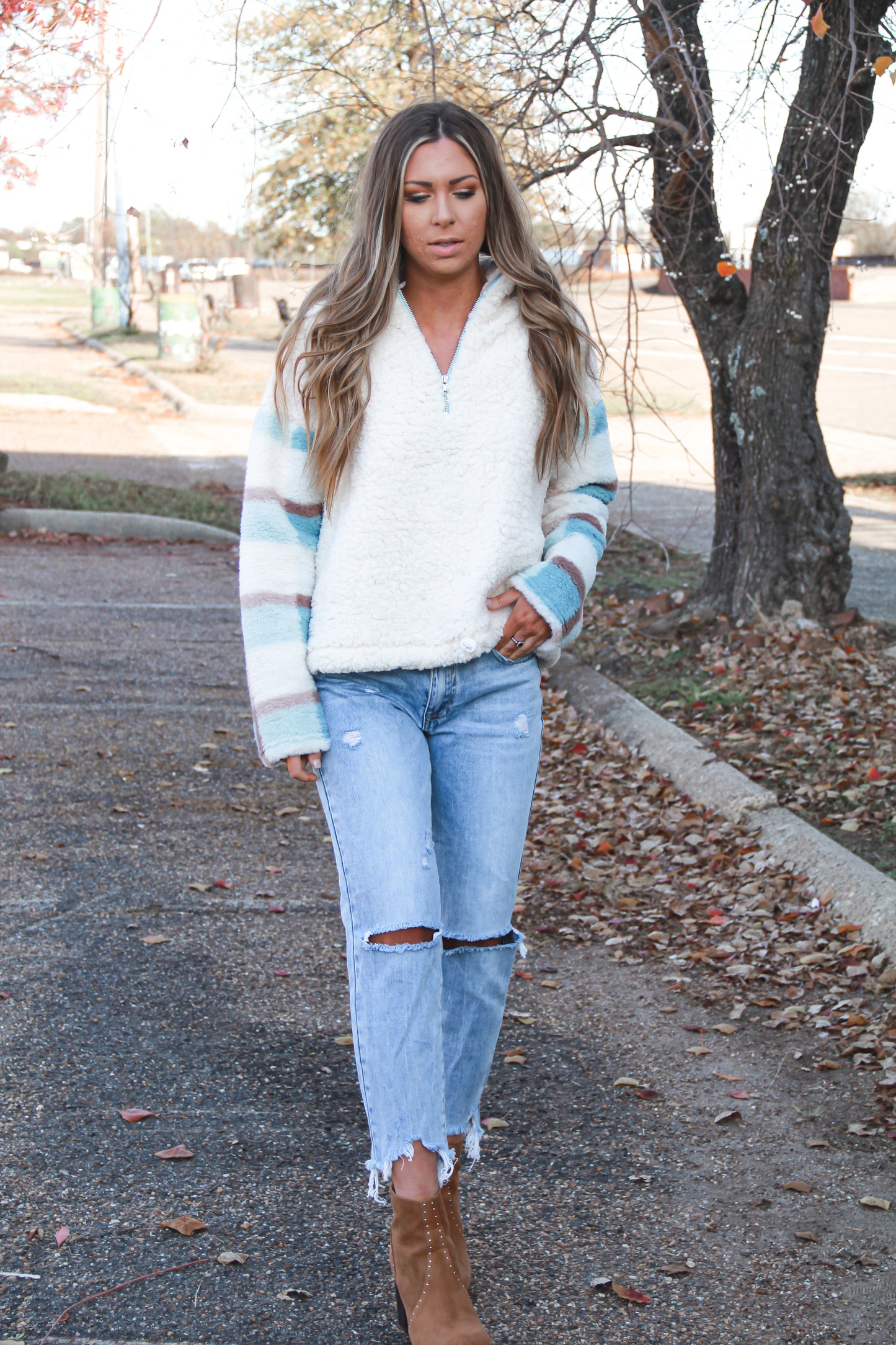 Fuzzy Plaid Sleeve Pullover