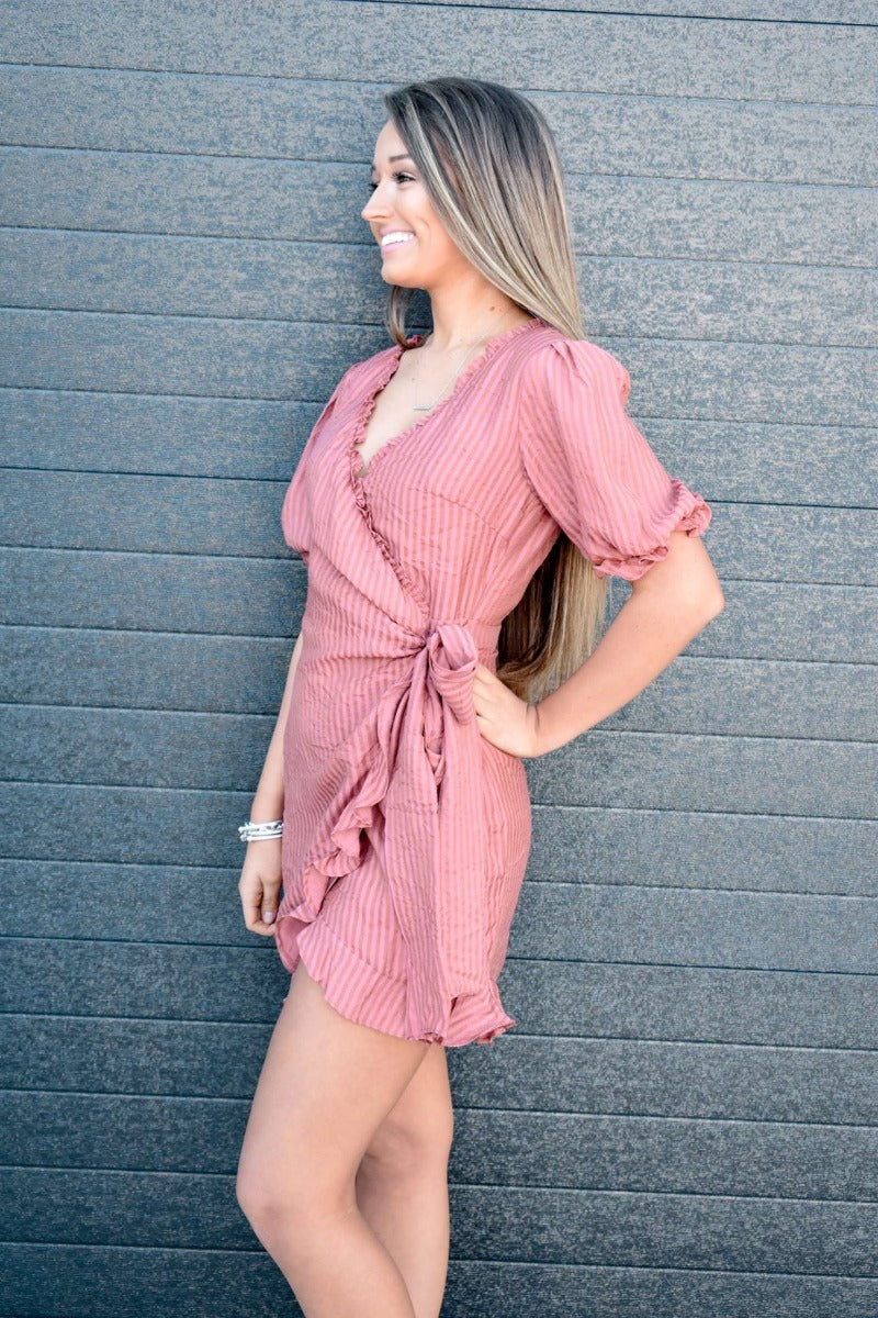 Blissful Wrap Striped Dress - Mauve